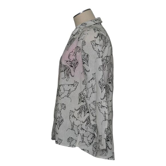 Cynthia Rowley Sz L Shirt Off White Animal Print Tiger Leopard Cheetah Linen Cat - Picture 6 of 11